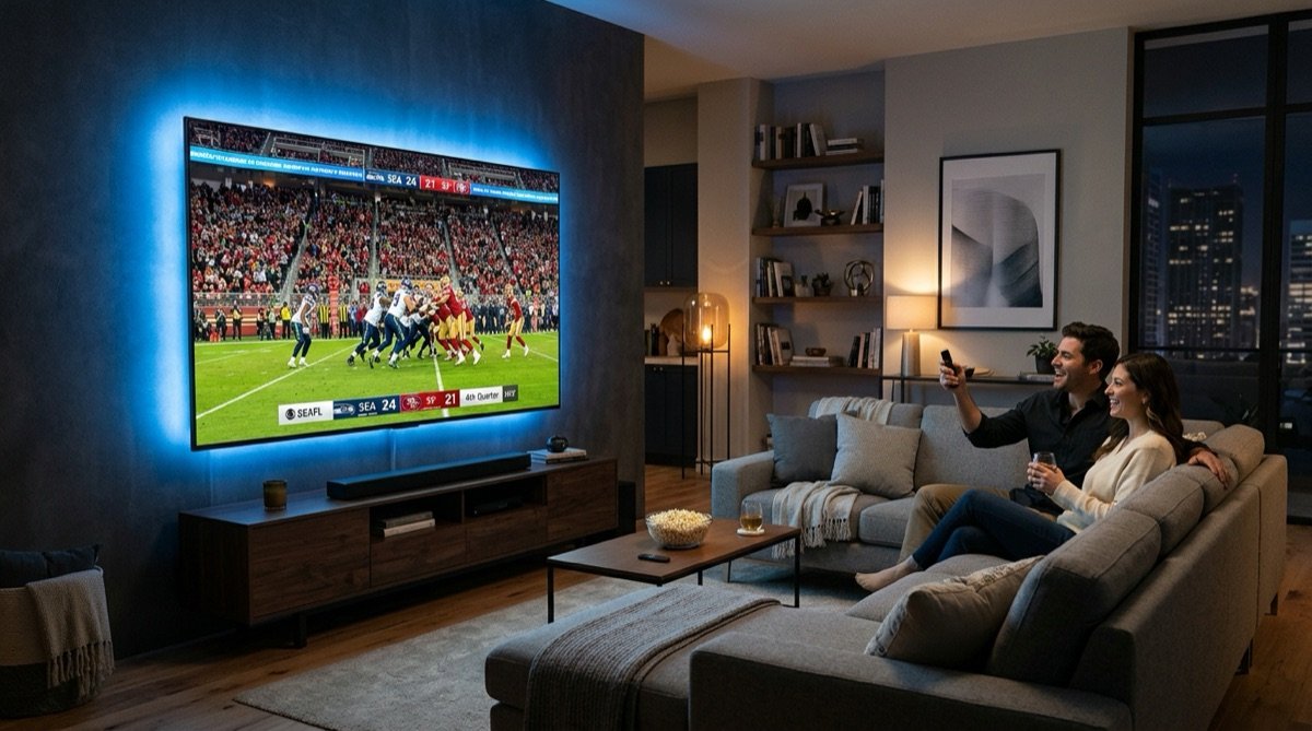 Live 4K Stadium Football Sports Broadcasting on Smart TV Living Room Setup
