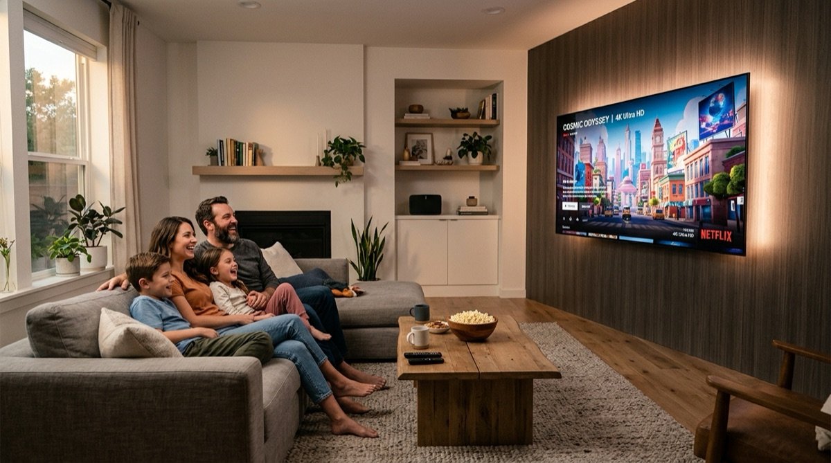 Family Watching 4K Movies and Entertainment with Cord-Cutting Live Streaming